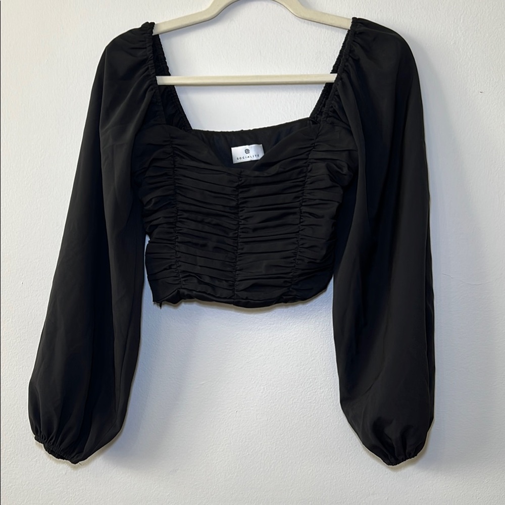 Socialite Black Puff Sleeve Ruched Crop Blouse
